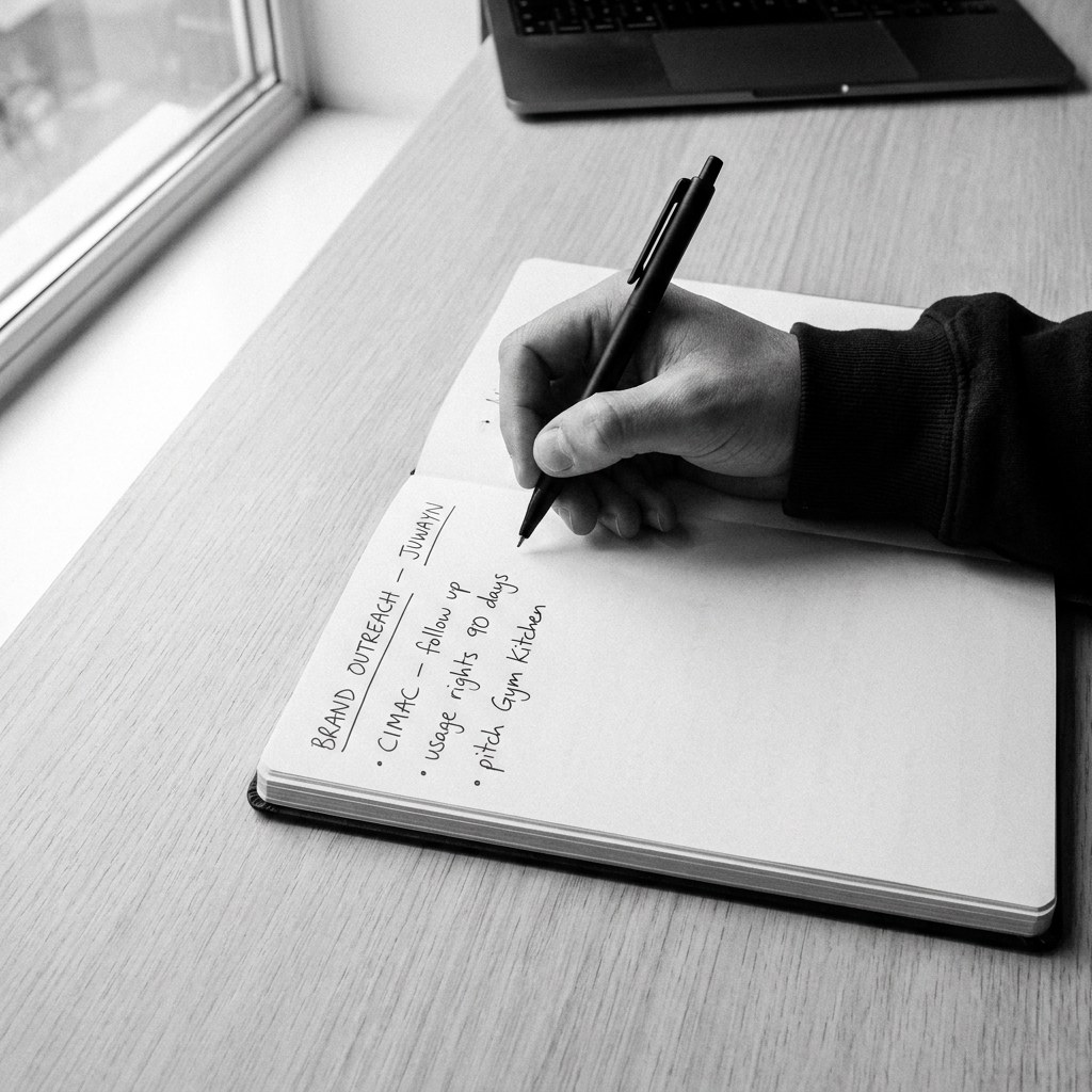 Handwritten client outreach notes in a notebook