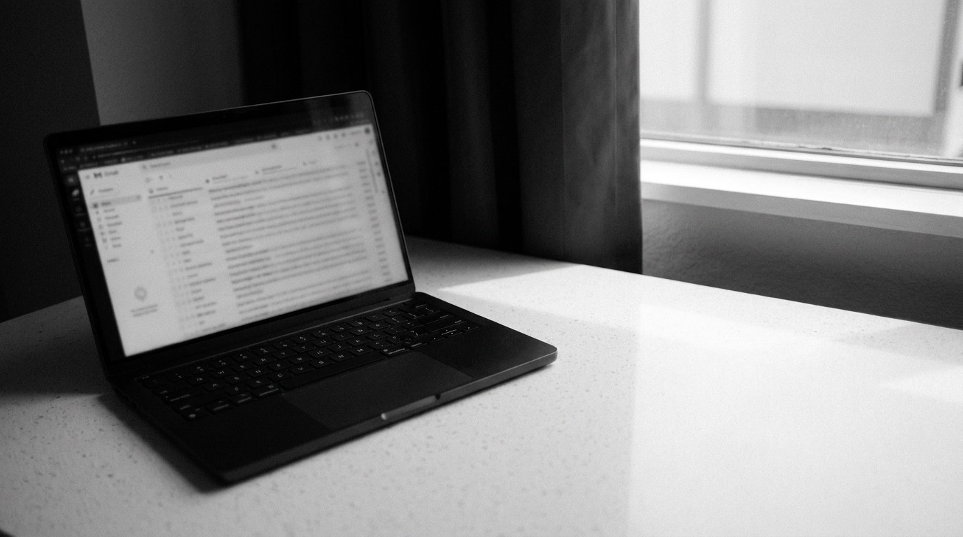 A laptop on a clean desk showing brand outreach emails